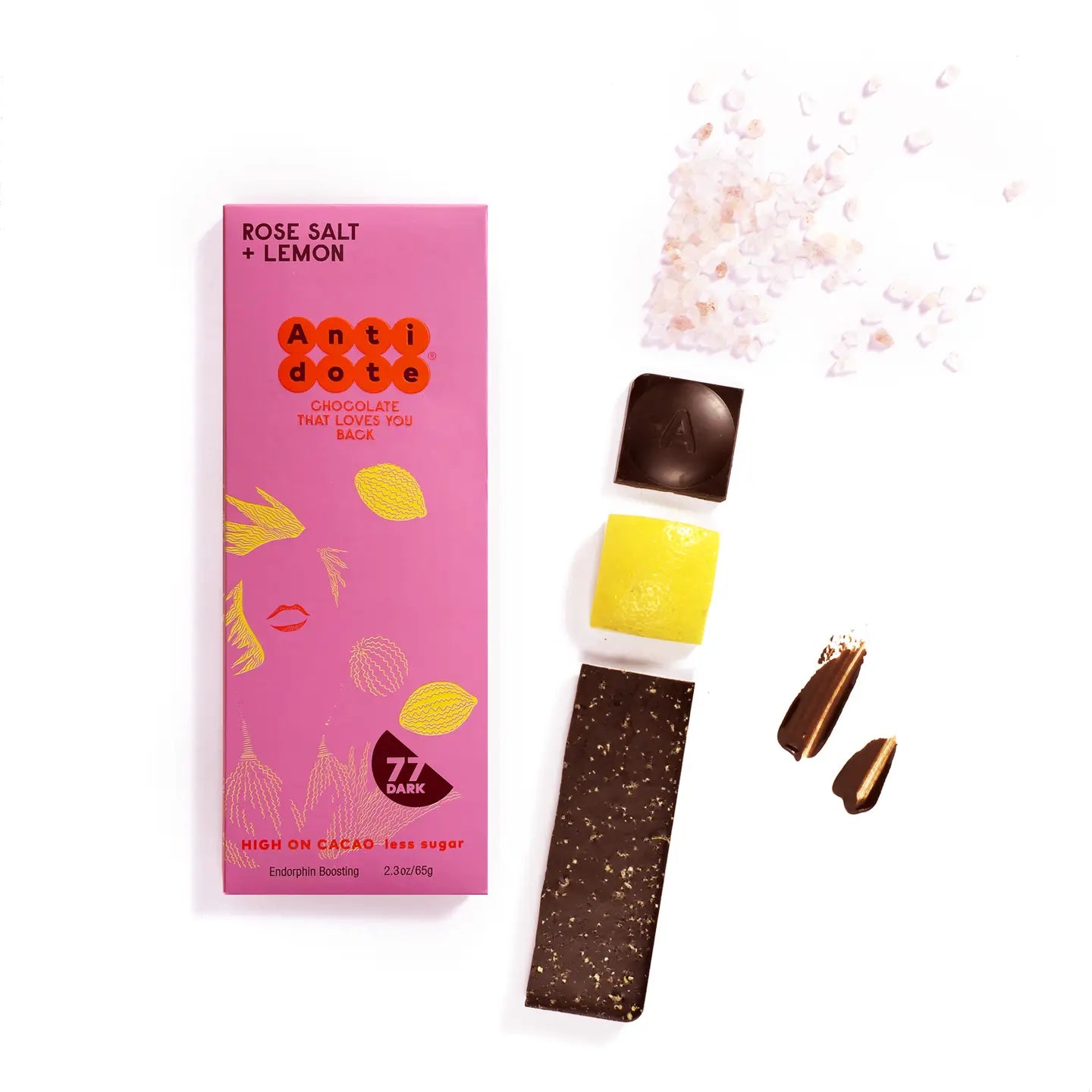 Antidote Chocolate: Dark Chocolate, Rose Salt + Lemon 77%